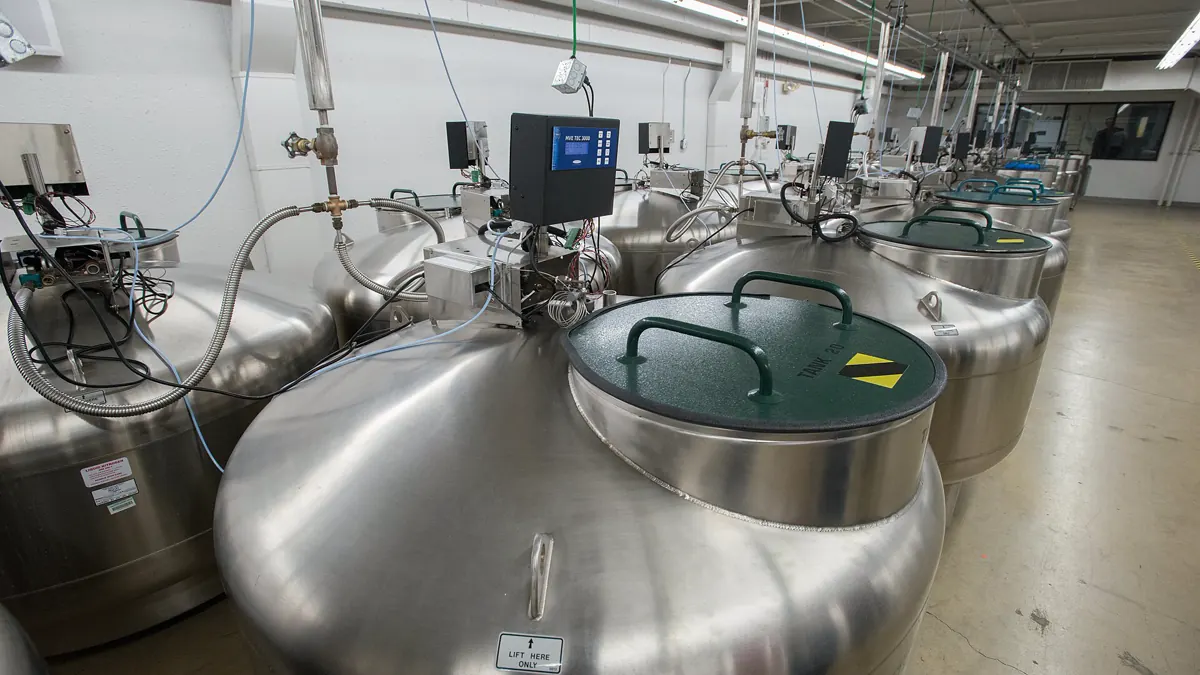 Liquid nitrogen storage tanks in a genetic resources preservation laboratory, used for long-term cold storage