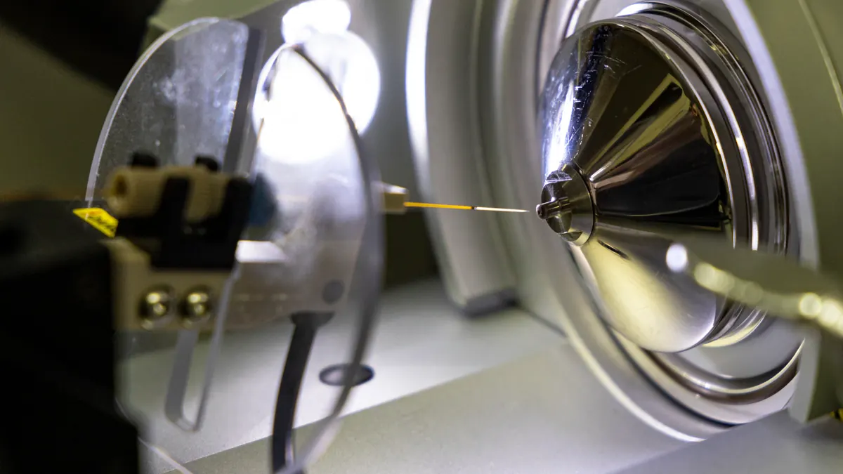 Electrospray emitter at the inlet of a mass spectrometer, the step that confirms a peptide's molecular mass