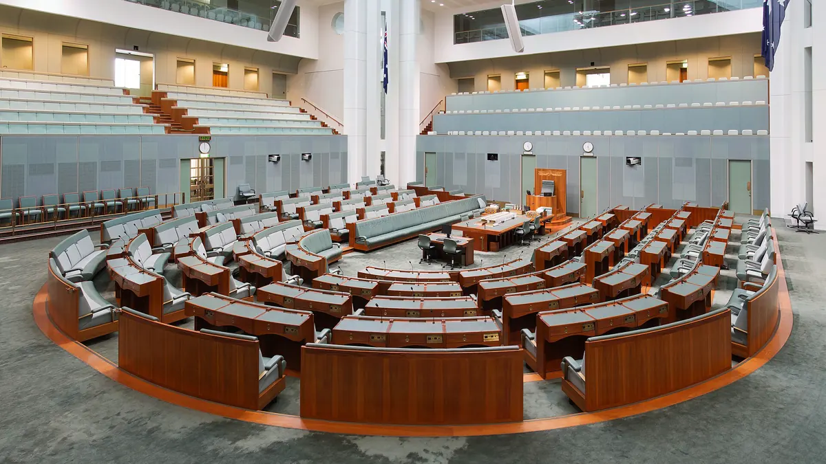 Empty House of Representatives chamber at Parliament House, Canberra, where federal legislation is debated